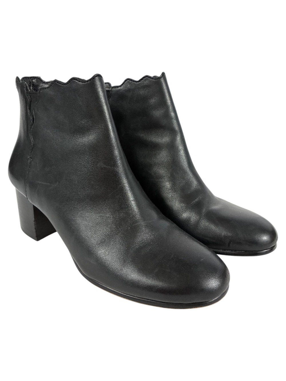 Leather Scalloped Ankle Boots 6 Block Heel Almond Round Toe Black Chelsea Bootie